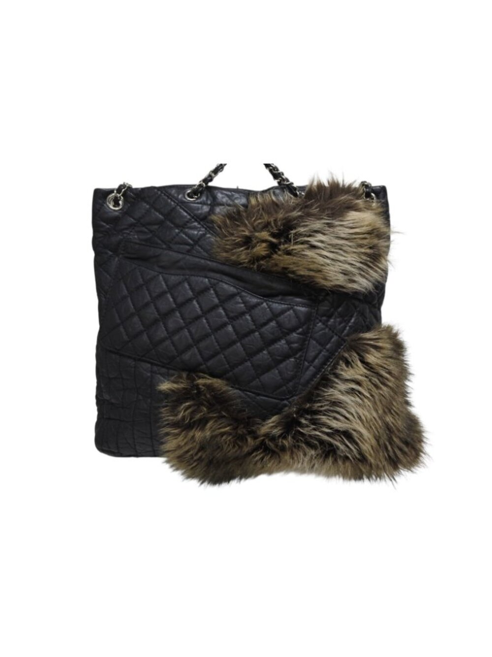 Chanel 2-Way Bag 2.55 CC Logo Calfskin Faux Fur Black Silver - Picture 2 of 9